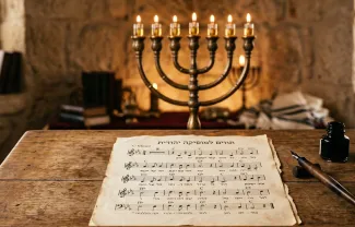 דימוי מוסיקה יהודית - מנורת שבעת הקנים ברקע דף תווים